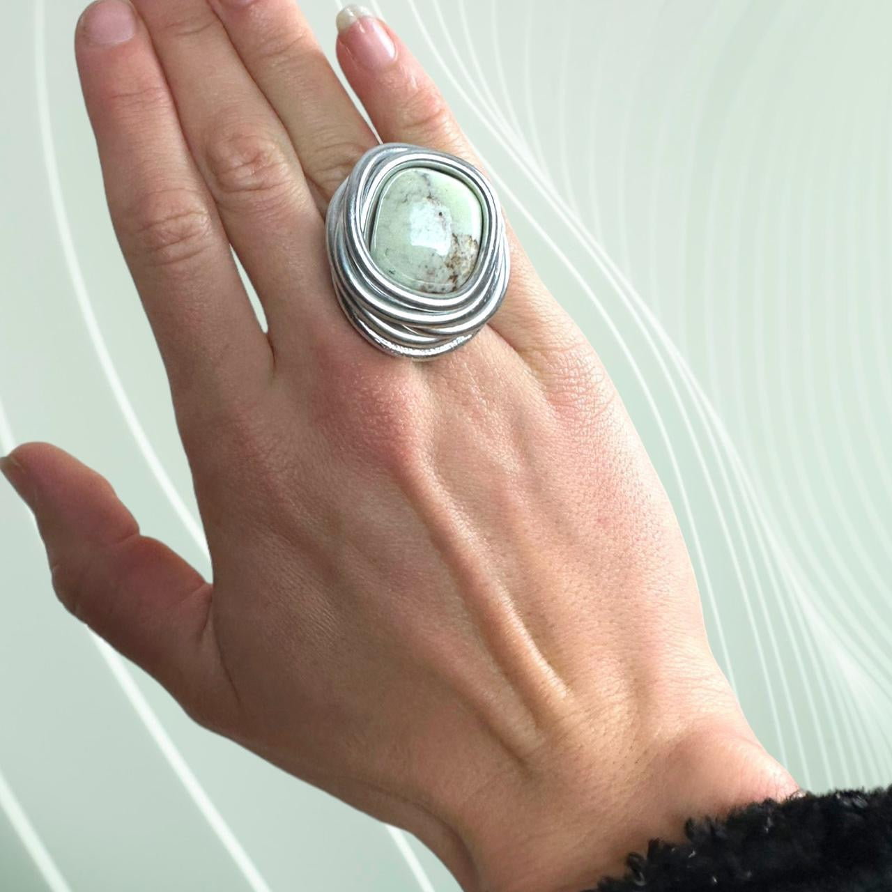 Spiral Sculpture Ring with Semi-precious Green Stone